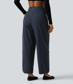 High Waisted Adjustable Drawcord Wide Leg Yoga Trousers with Pockets — Total Eclipse — view 2