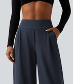 High Waisted Adjustable Drawcord Wide Leg Yoga Trousers with Pockets — Total Eclipse — view 4