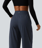 High Waisted Adjustable Drawcord Wide Leg Yoga Trousers with Pockets — Total Eclipse — view 5