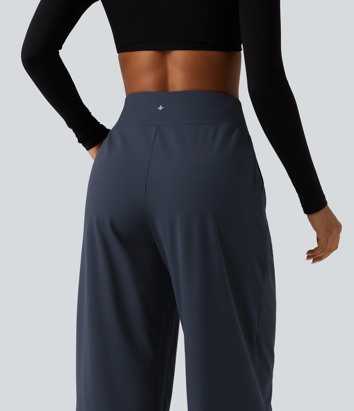 High Waisted Adjustable Drawcord Wide Leg Yoga Trousers with Pockets — Total Eclipse — view 5