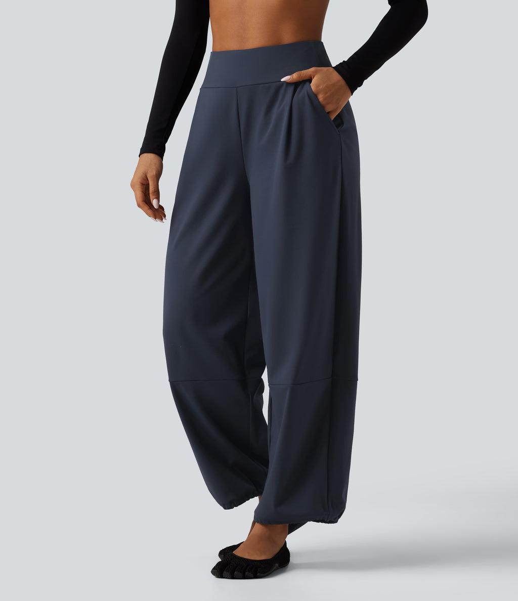 High Waisted Adjustable Drawcord Wide Leg Yoga Trousers with Pockets — Total Eclipse — view 3