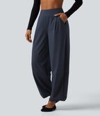 High Waisted Adjustable Drawcord Wide Leg Yoga Trousers with Pockets — Total Eclipse — view 3