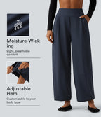 High Waisted Adjustable Drawcord Wide Leg Yoga Trousers with Pockets — Total Eclipse — view 1