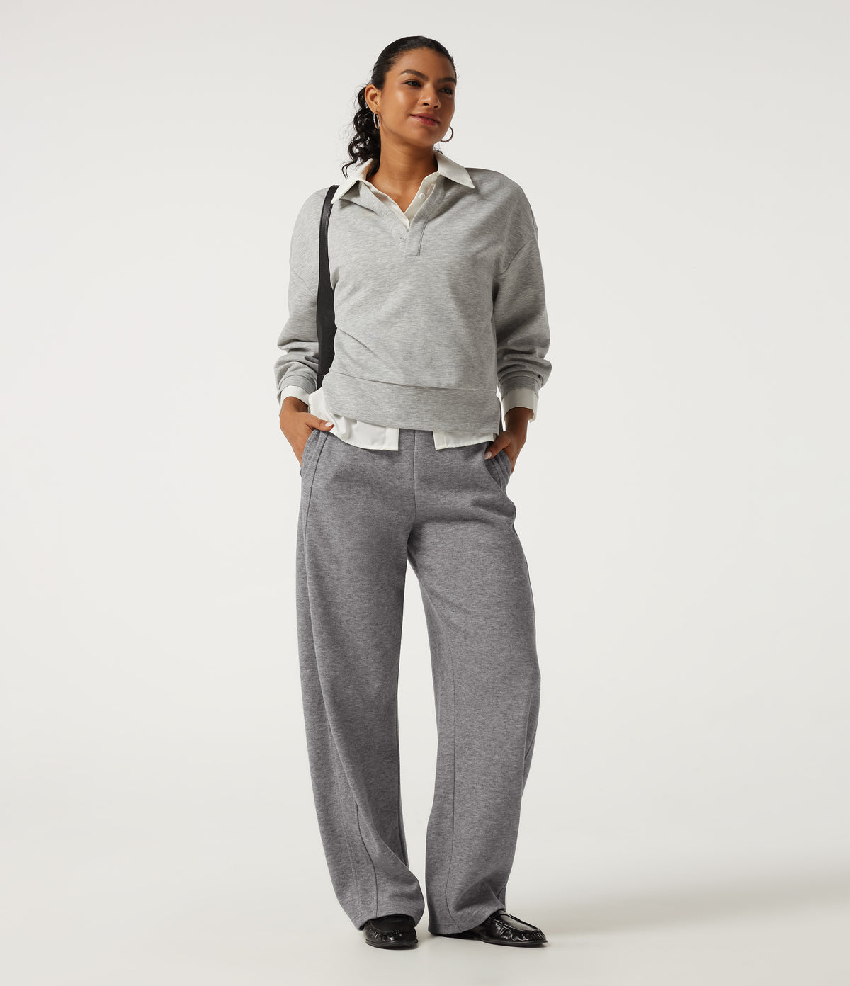 Mid Rise Inner Drawstring Barrel Leg Casual Sweatpants with Pockets — Darl Gray Floral Yarn — view 7