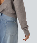 Round Neck Long Sleeve Cut-Out Back Casual Jumper — Crushed Rock — view 7
