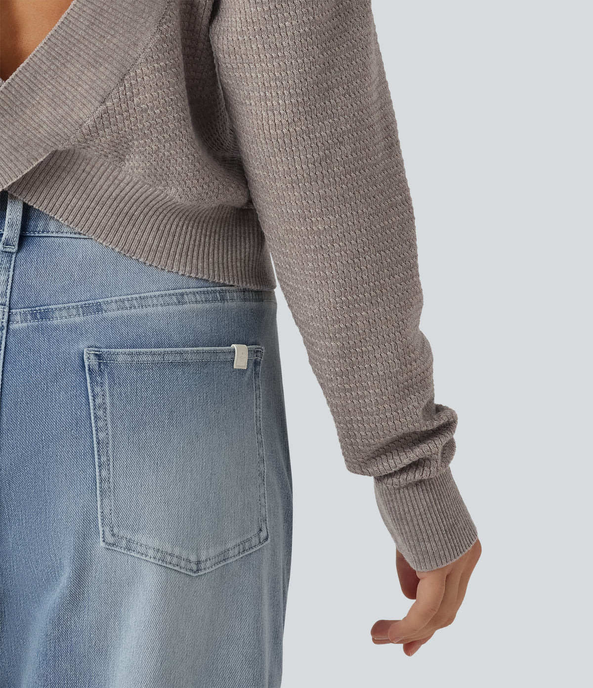 Round Neck Long Sleeve Cut-Out Back Casual Jumper — Crushed Rock — view 7