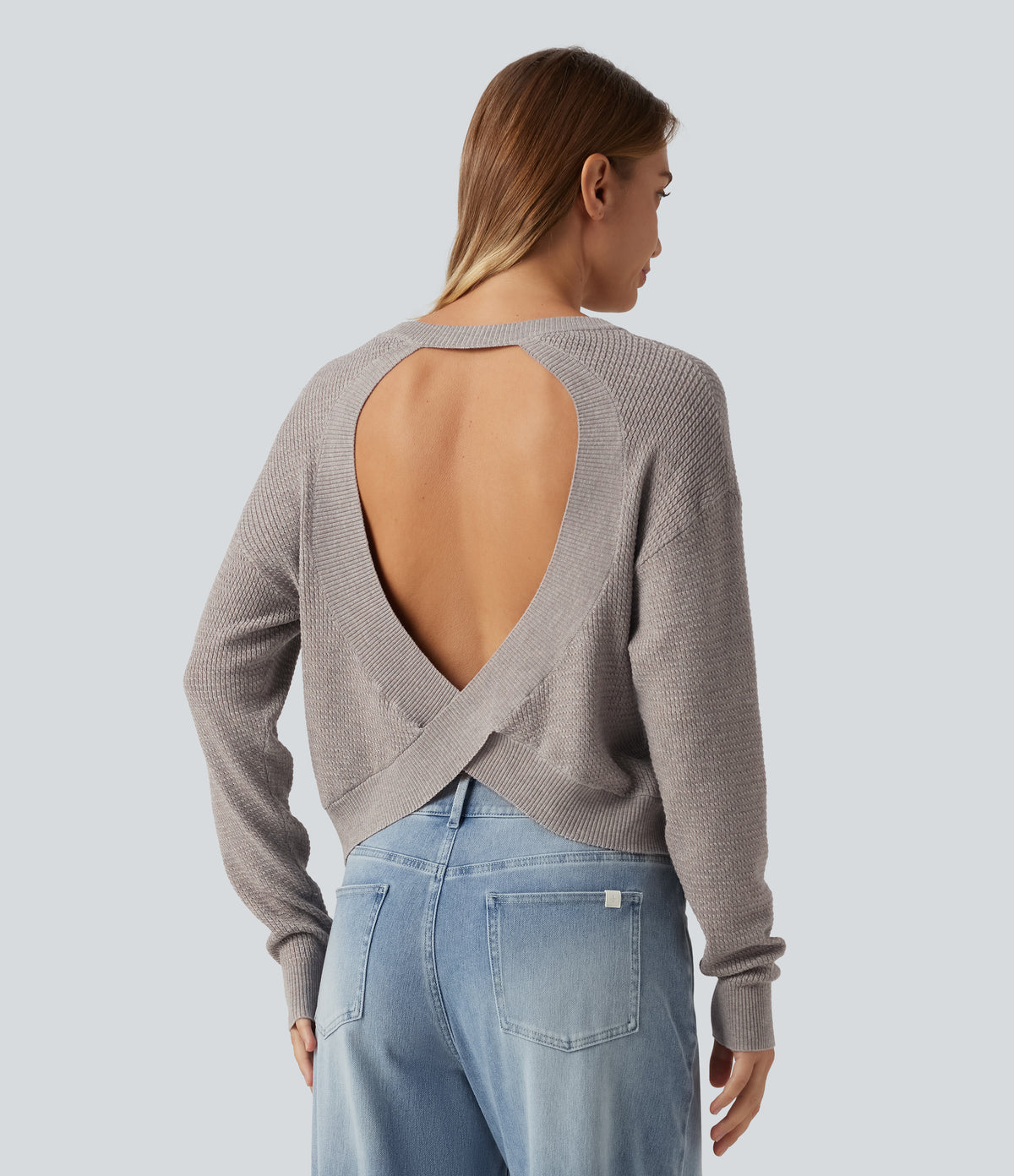 Round Neck Long Sleeve Cut-Out Back Casual Jumper — Crushed Rock — view 2