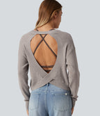 Round Neck Long Sleeve Cut-Out Back Casual Jumper — Crushed Rock — view 6