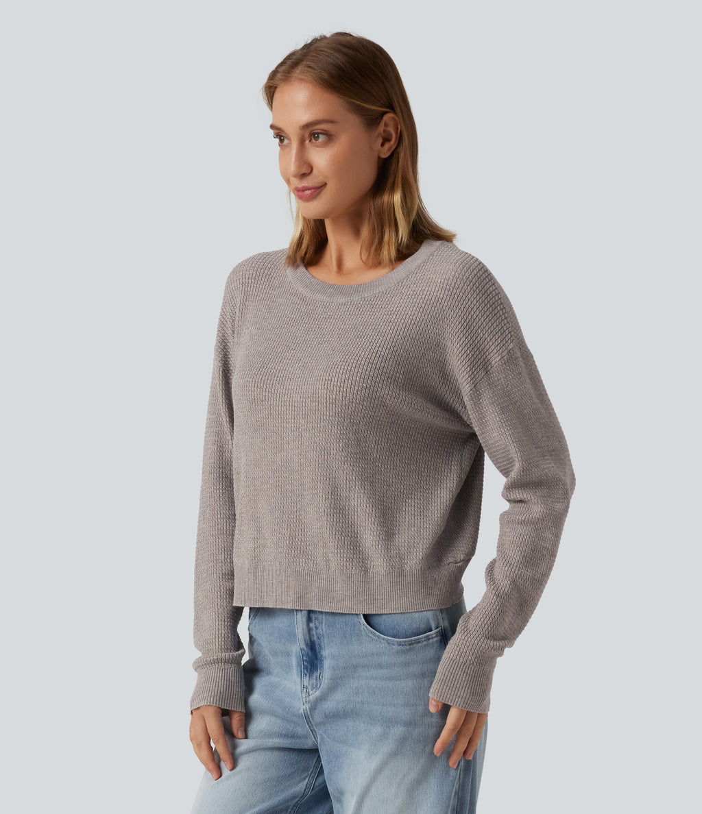 Round Neck Long Sleeve Cut-Out Back Casual Jumper — Crushed Rock — view 3