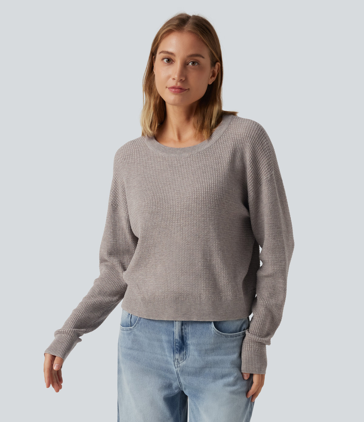 Round Neck Long Sleeve Cut-Out Back Casual Jumper — Crushed Rock — view 4