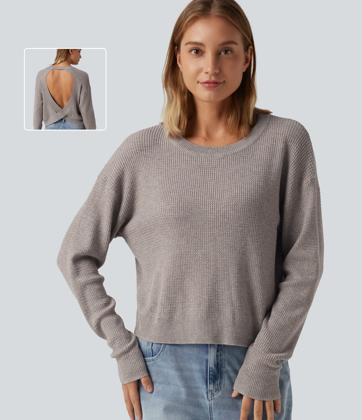 Round Neck Long Sleeve Cut-Out Back Casual Jumper — Crushed Rock — view 1