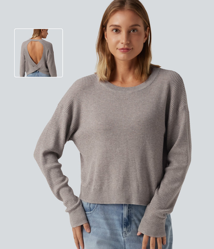 Round Neck Long Sleeve Cut-Out Back Casual Jumper — Crushed Rock — view 1