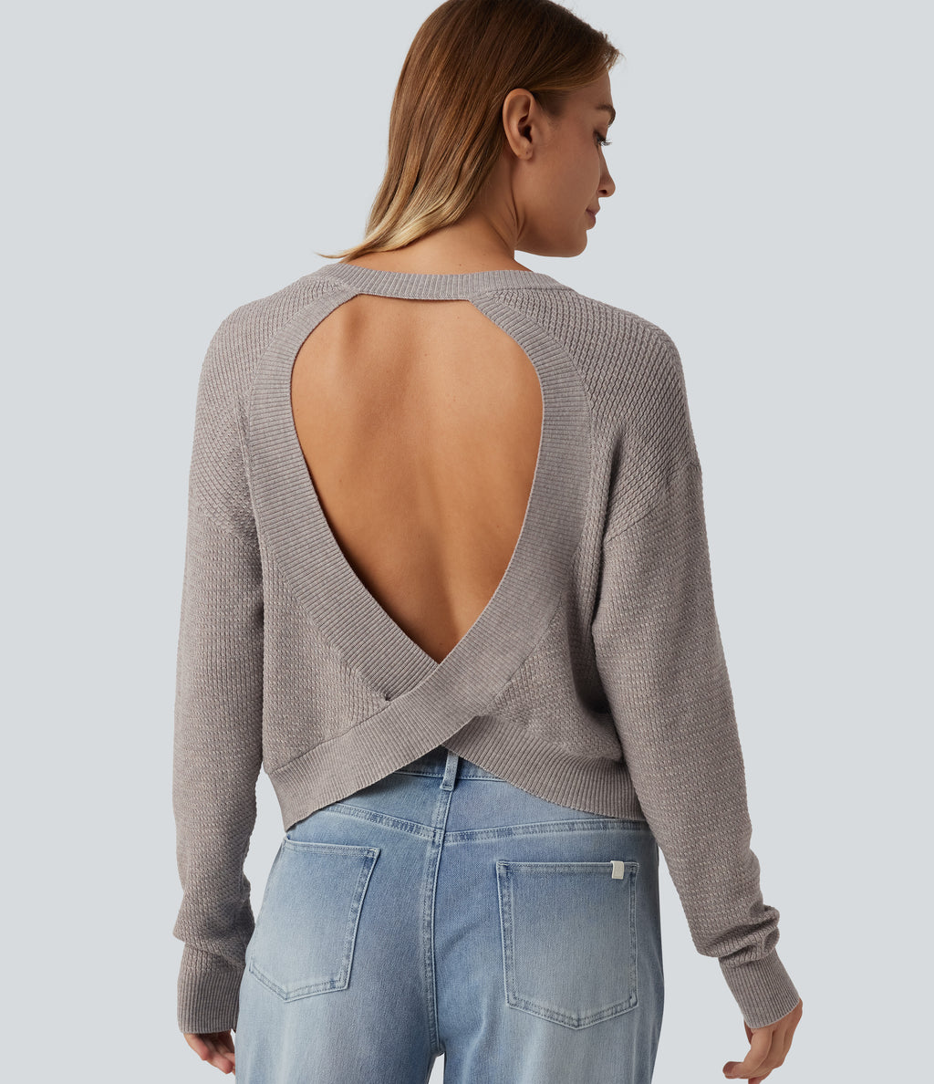 Round Neck Long Sleeve Cut-Out Back Casual Jumper — Crushed Rock — view 5