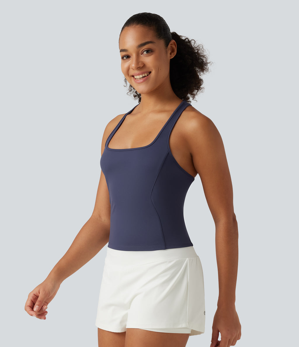 Plush Square Neck Racerback Yoga Tank Top — Peacoat — view 3