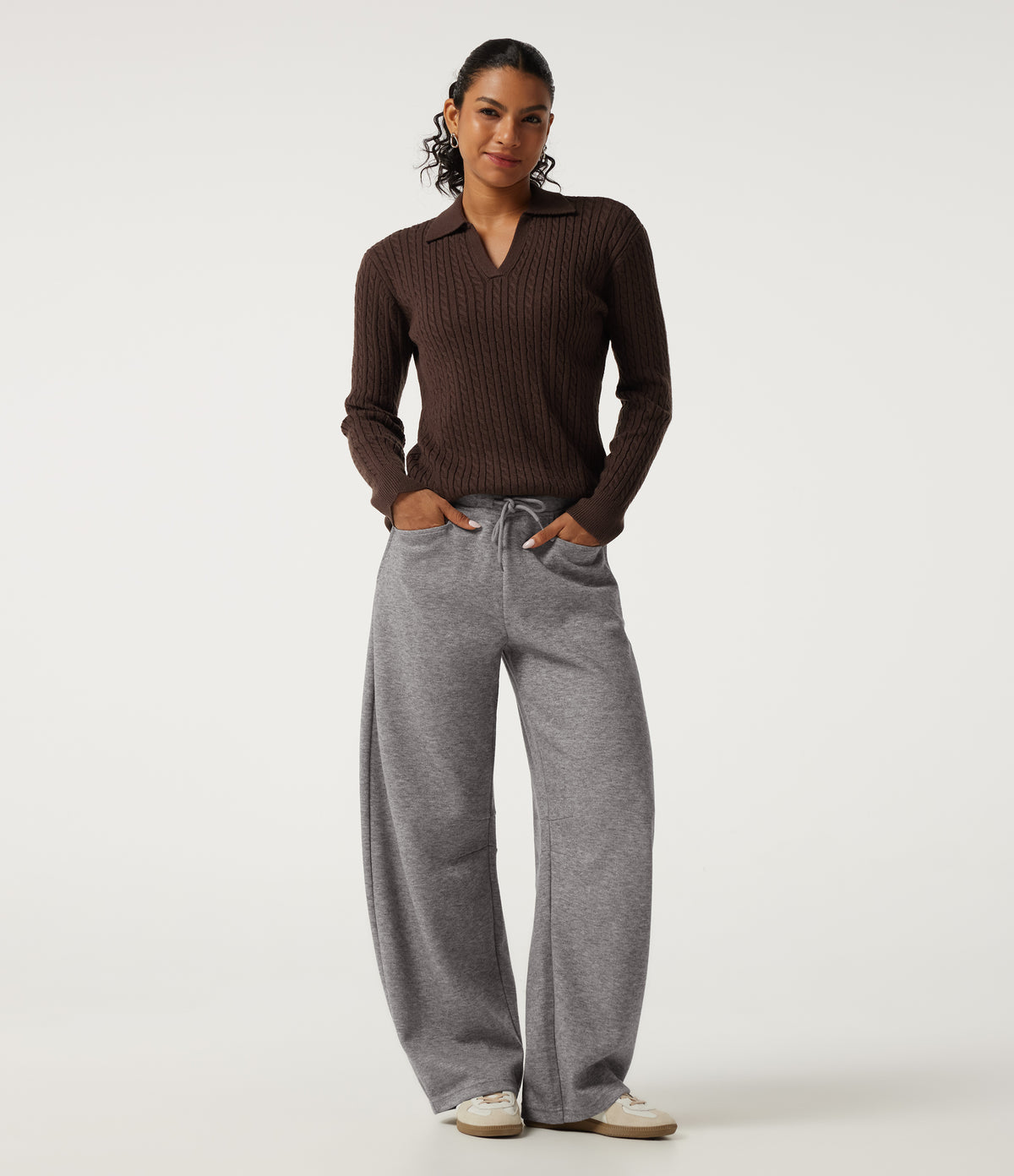 Mid Rise Drawstring Barrel Leg Casual Sweatpants with Pockets — Fog Gray — view 6