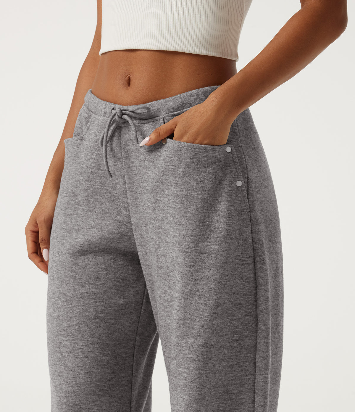 Mid Rise Drawstring Barrel Leg Casual Sweatpants with Pockets — Fog Gray — view 4