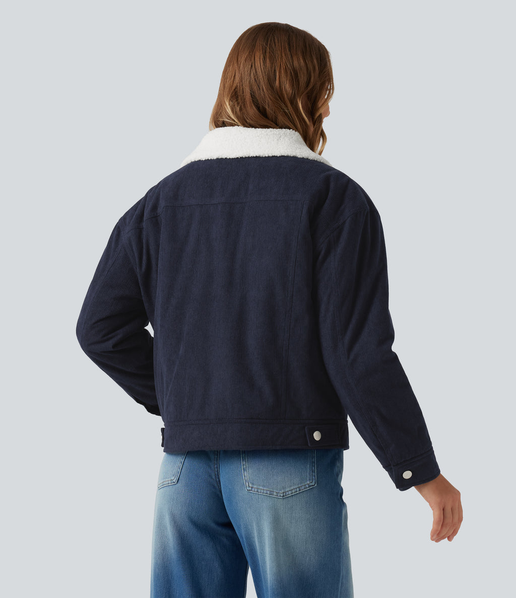 Stand Collar Long Sleeve Corduroy Casual Jacket with Pockets — Navy — view 2
