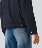 Stand Collar Long Sleeve Corduroy Casual Jacket with Pockets — Navy — view 6
