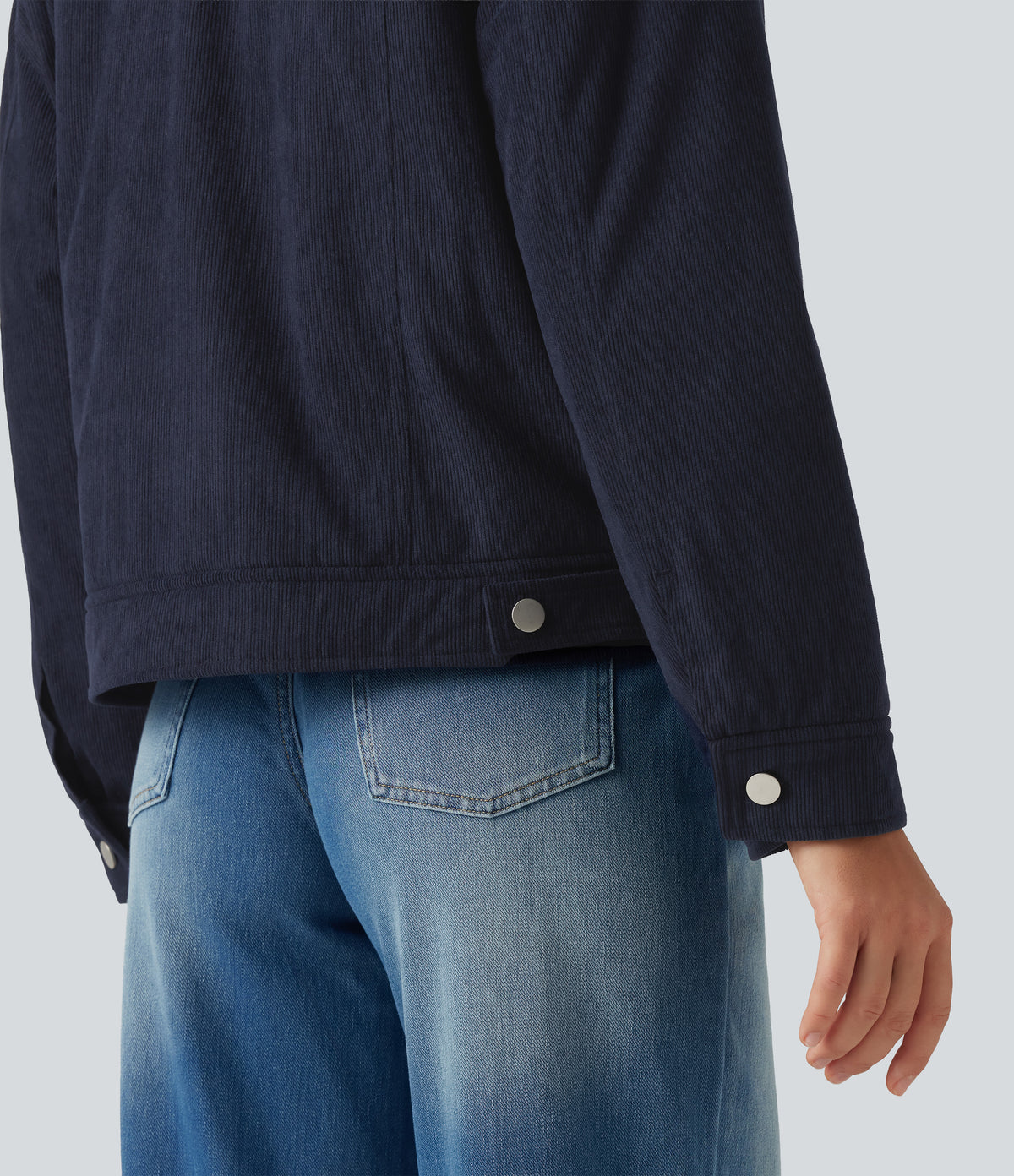 Stand Collar Long Sleeve Corduroy Casual Jacket with Pockets — Navy — view 6