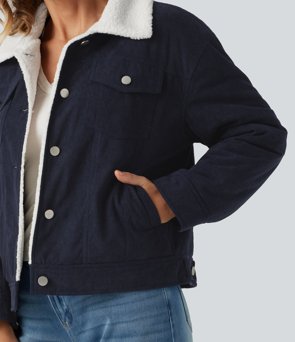 Stand Collar Long Sleeve Corduroy Casual Jacket with Pockets — Navy — view 7