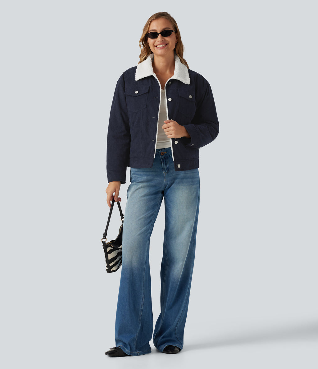 Stand Collar Long Sleeve Corduroy Casual Jacket with Pockets — Navy — view 8