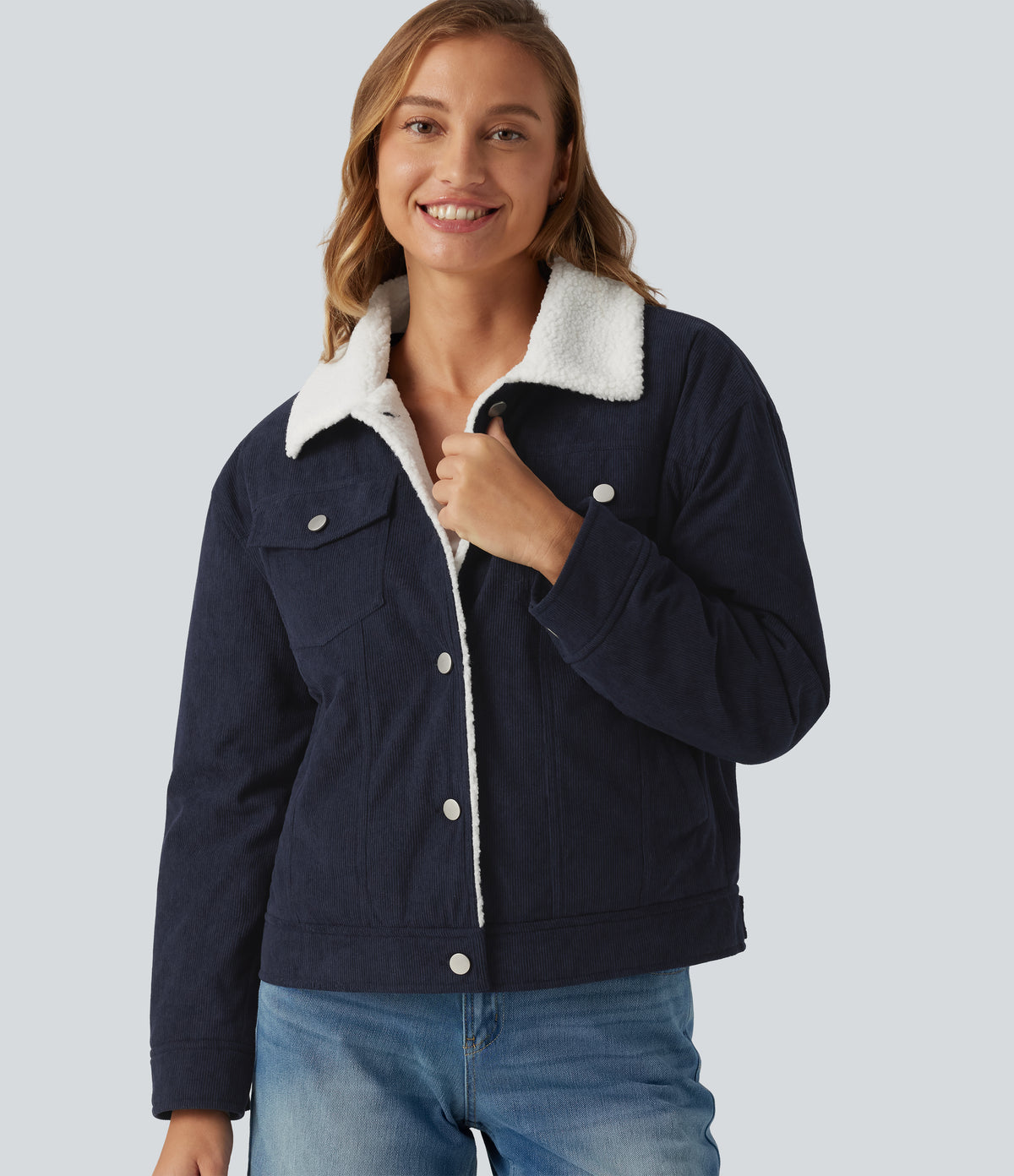 Stand Collar Long Sleeve Corduroy Casual Jacket with Pockets — Navy — view 4