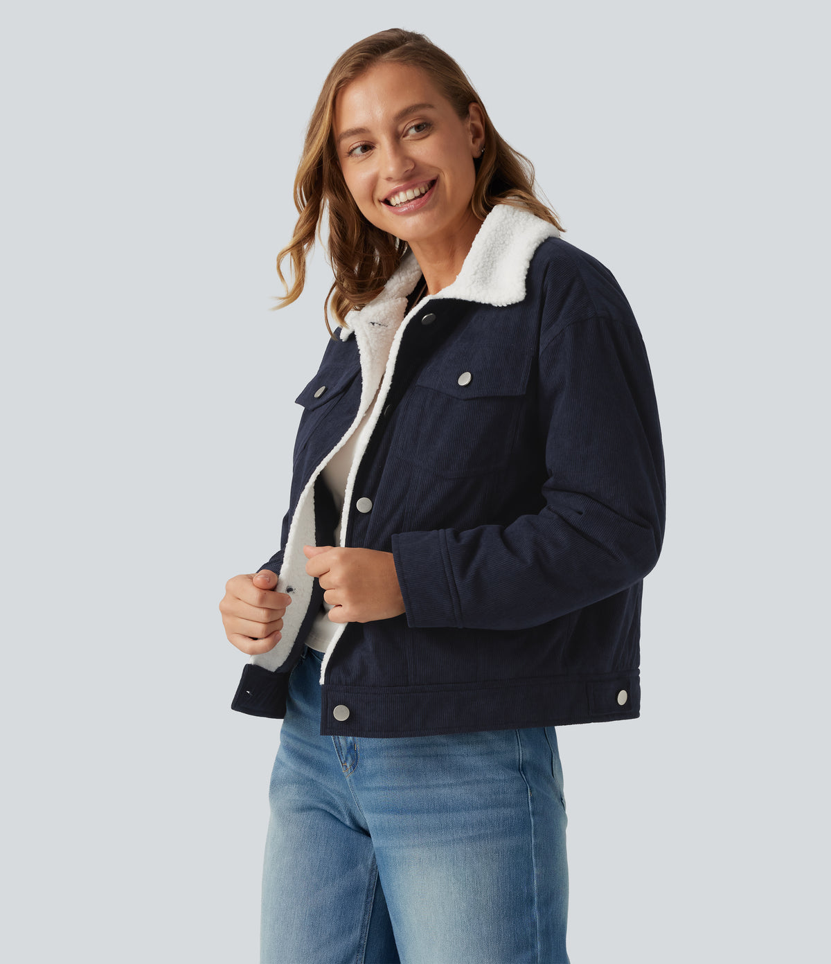 Stand Collar Long Sleeve Corduroy Casual Jacket with Pockets — Navy — view 3
