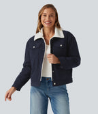Stand Collar Long Sleeve Corduroy Casual Jacket with Pockets — Navy — view 1