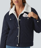 Stand Collar Long Sleeve Corduroy Casual Jacket with Pockets — Navy — view 5