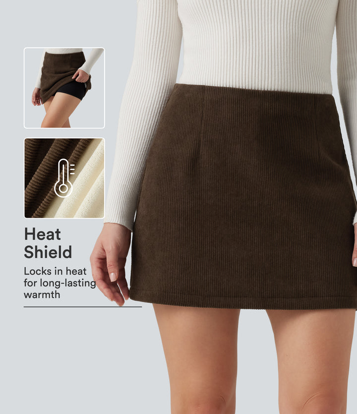High Waisted A-Line Corduroy Fleece Casual Mini Skirt with Built-in Shorts — Willow Brown — view 1