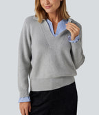 Collared V Neck Long Sleeve 2-in-1 Work Jumper — Fog Gray — view 5