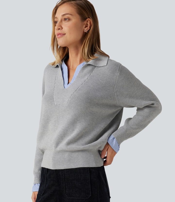 Collared V Neck Long Sleeve 2-in-1 Work Jumper — Fog Gray — view 1