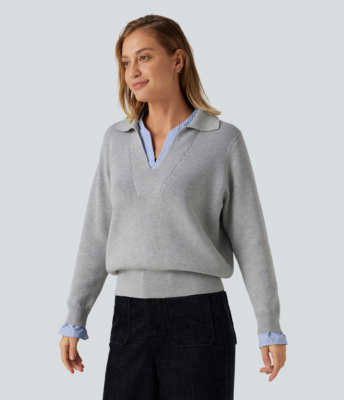 Collared V Neck Long Sleeve 2-in-1 Work Jumper — Fog Gray — view 4