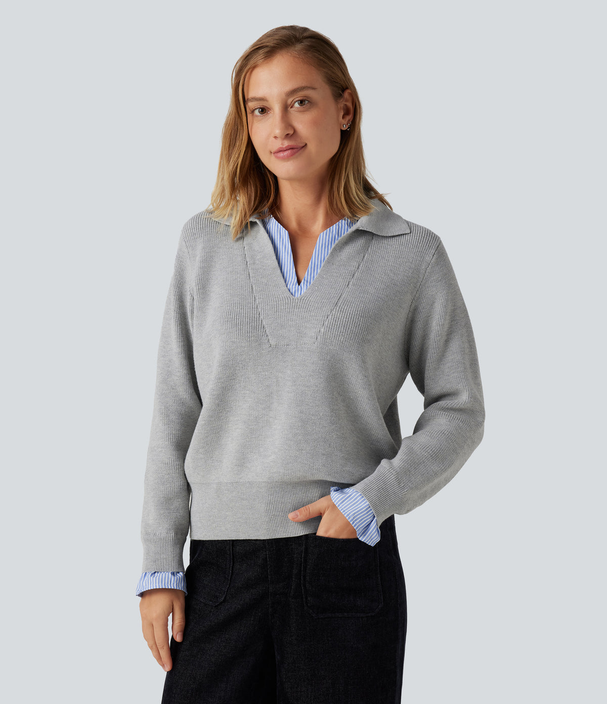 Collared V Neck Long Sleeve 2-in-1 Work Jumper — Fog Gray — view 3