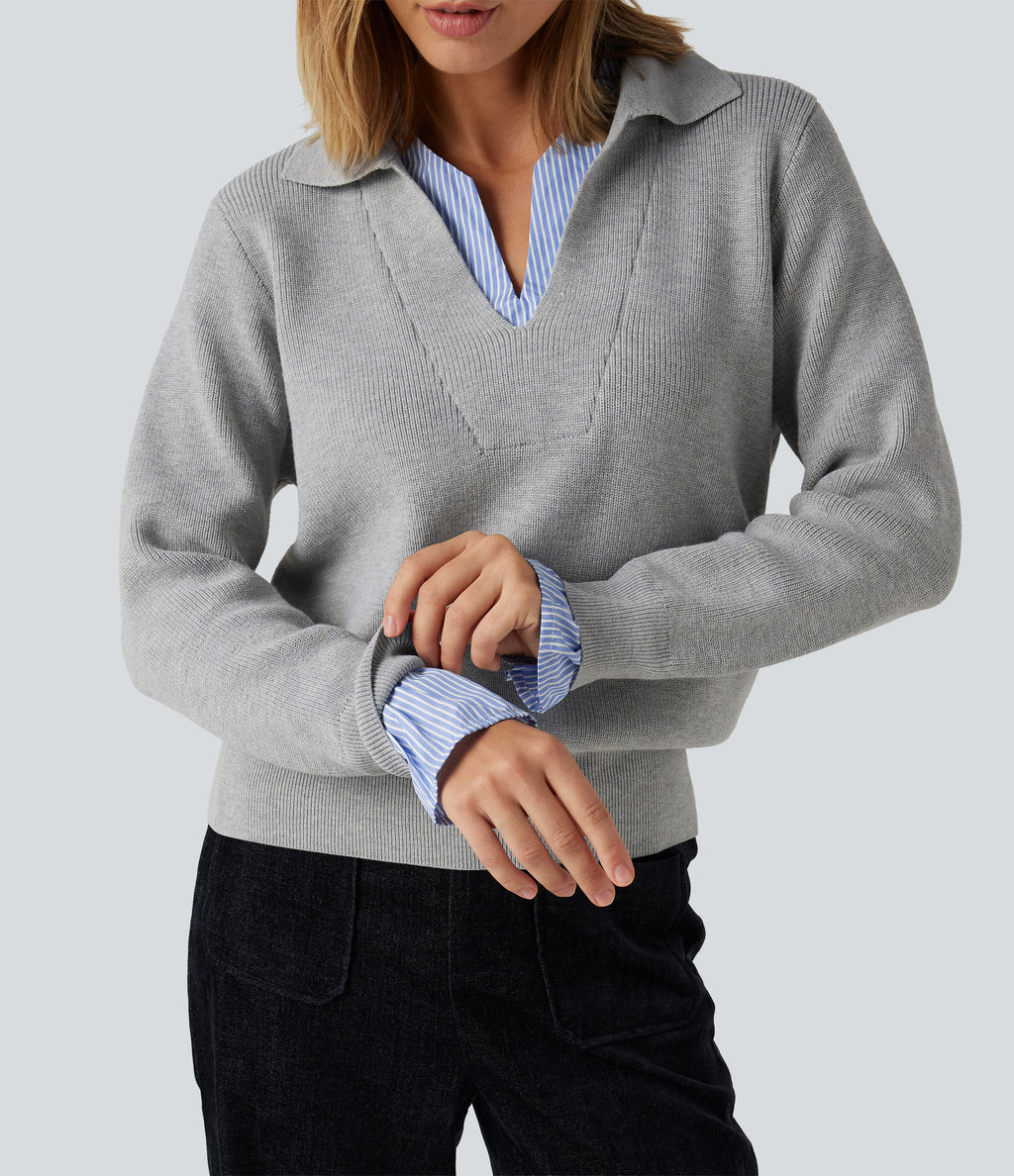 Collared V Neck Long Sleeve 2-in-1 Work Jumper — Fog Gray — view 6