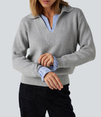 Collared V Neck Long Sleeve 2-in-1 Work Jumper — Fog Gray — view 6