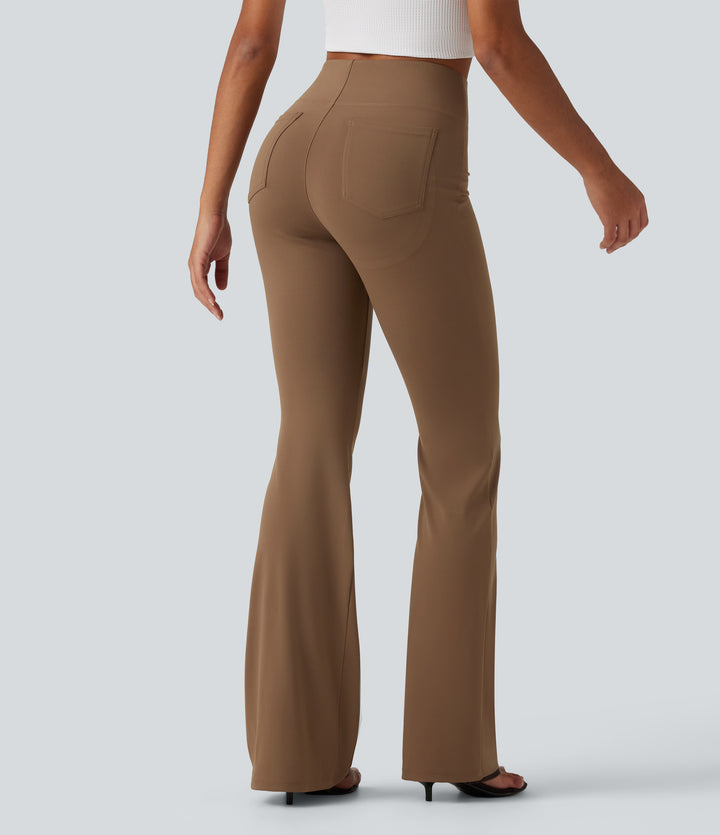 High Waisted Butt Lifting Bootcut Work Trousers with Pockets — Sepia — view 2
