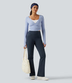 High Waisted Butt Lifting Flare Yoga Leggings with Pockets — Midnight Blue — view 8