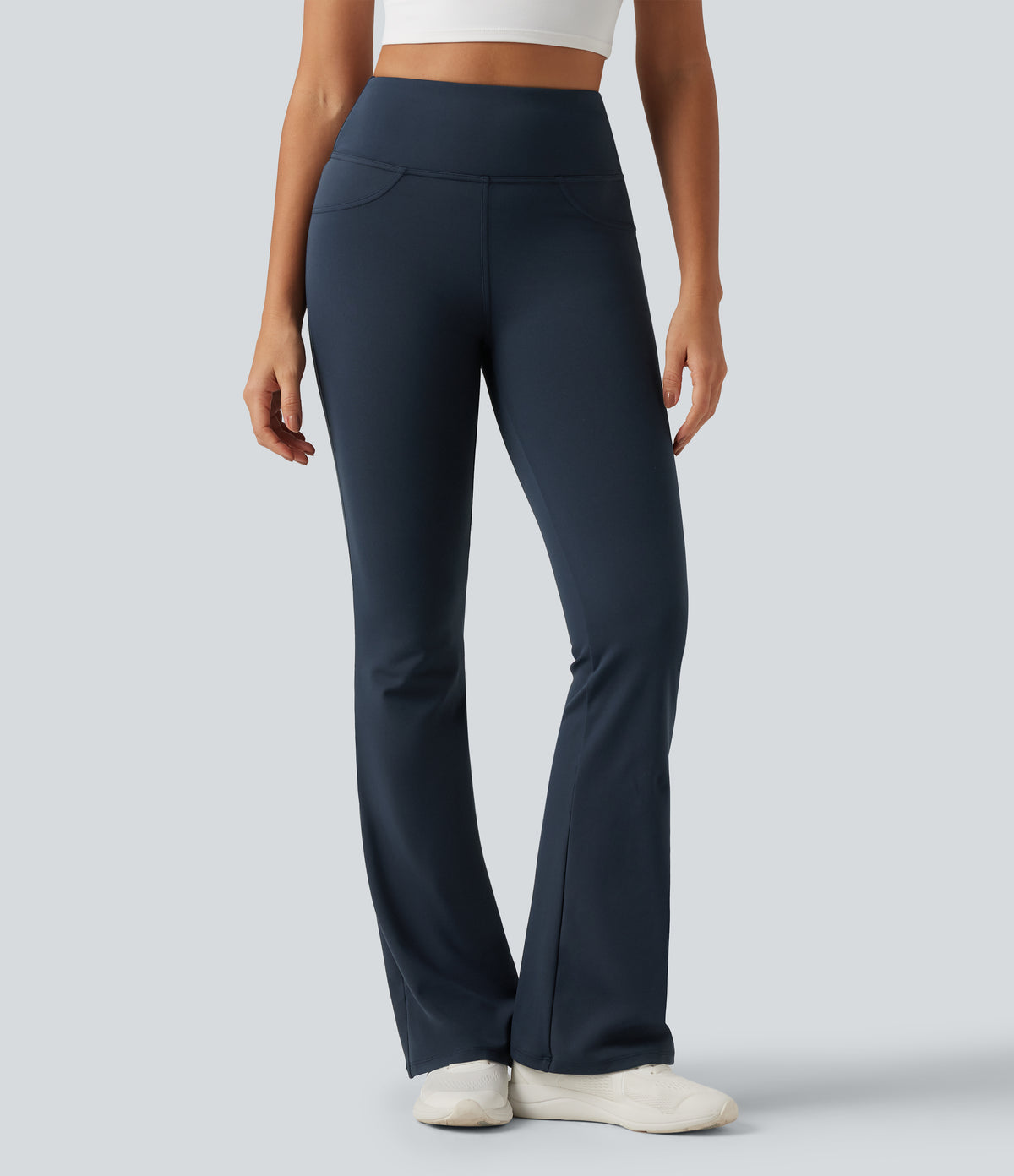 High Waisted Butt Lifting Flare Yoga Leggings with Pockets — Midnight Blue — view 2