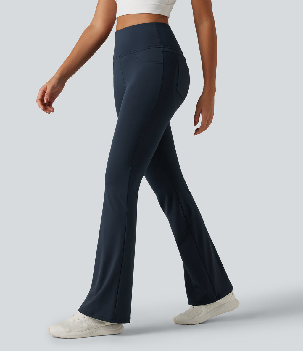 High Waisted Butt Lifting Flare Yoga Leggings with Pockets — Midnight Blue — view 3