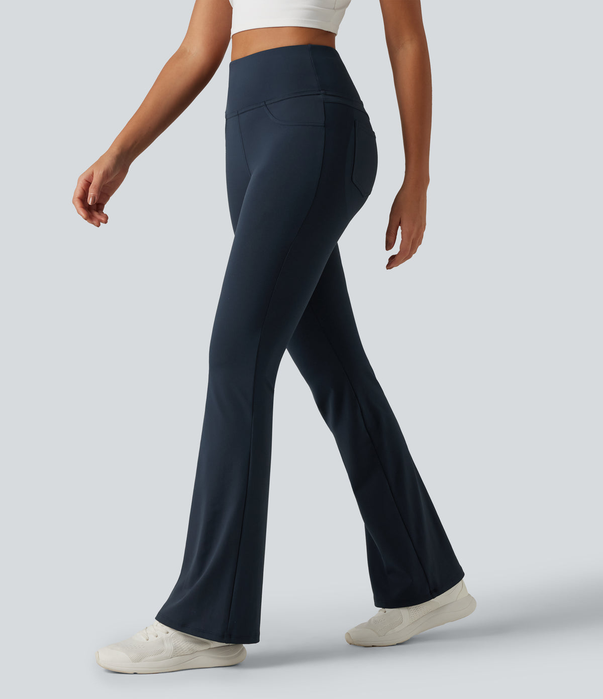 High Waisted Butt Lifting Flare Yoga Leggings with Pockets — Midnight Blue — view 3