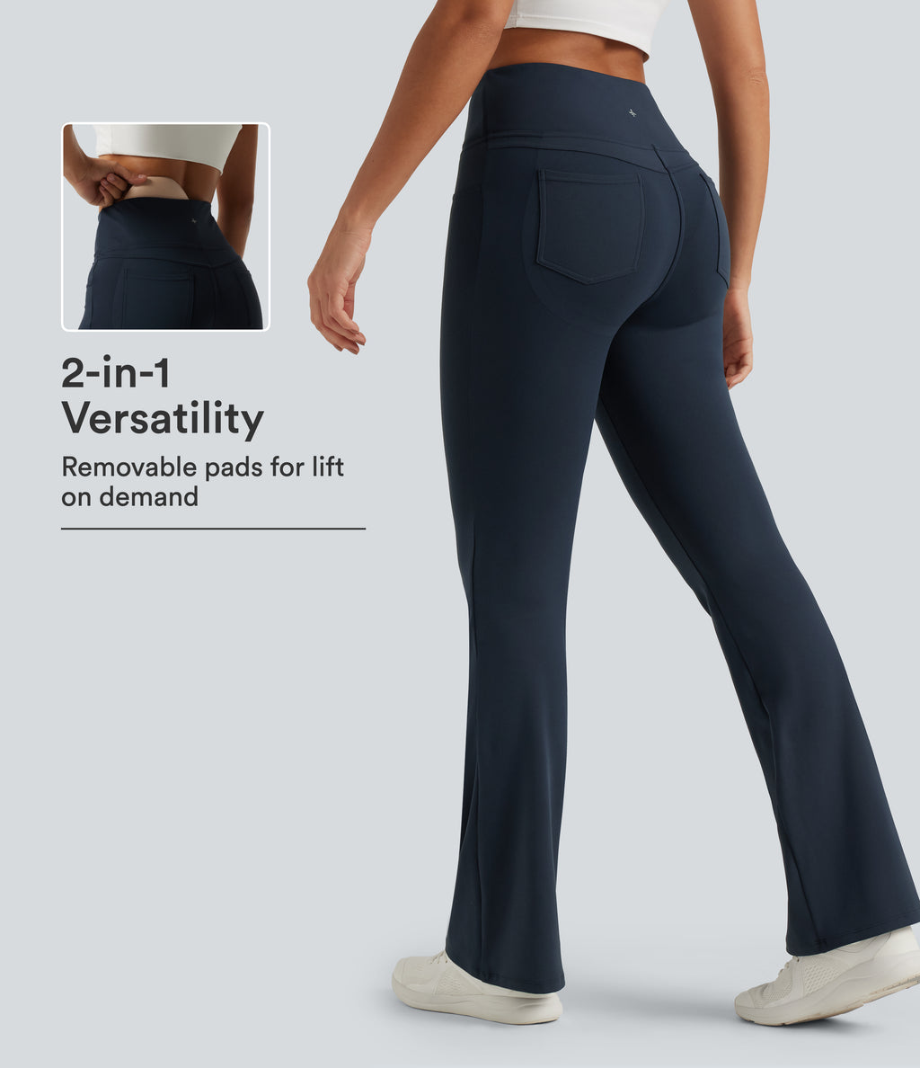 High Waisted Butt Lifting Flare Yoga Leggings with Pockets — Midnight Blue — view 1