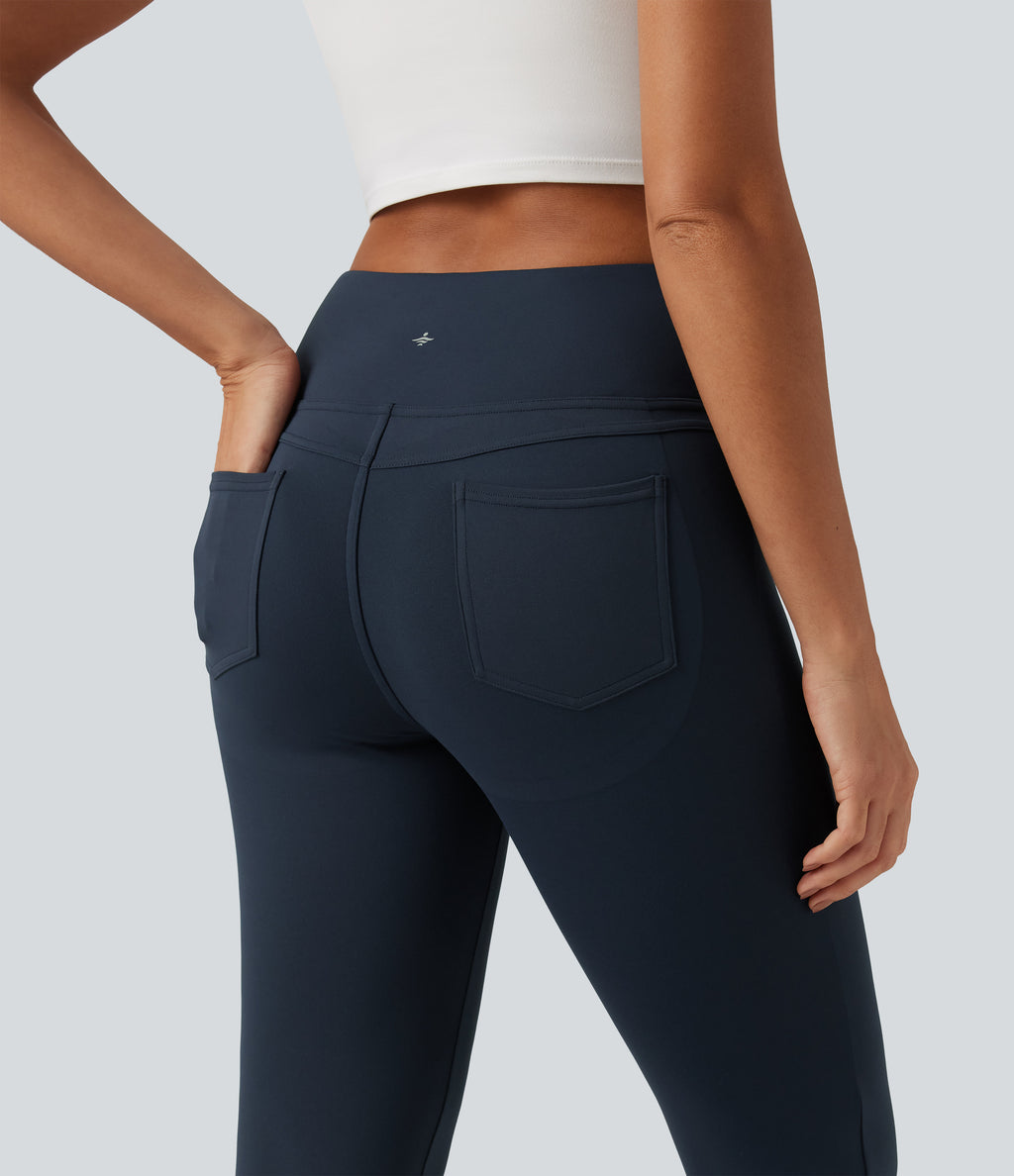 High Waisted Butt Lifting Flare Yoga Leggings with Pockets — Midnight Blue — view 5