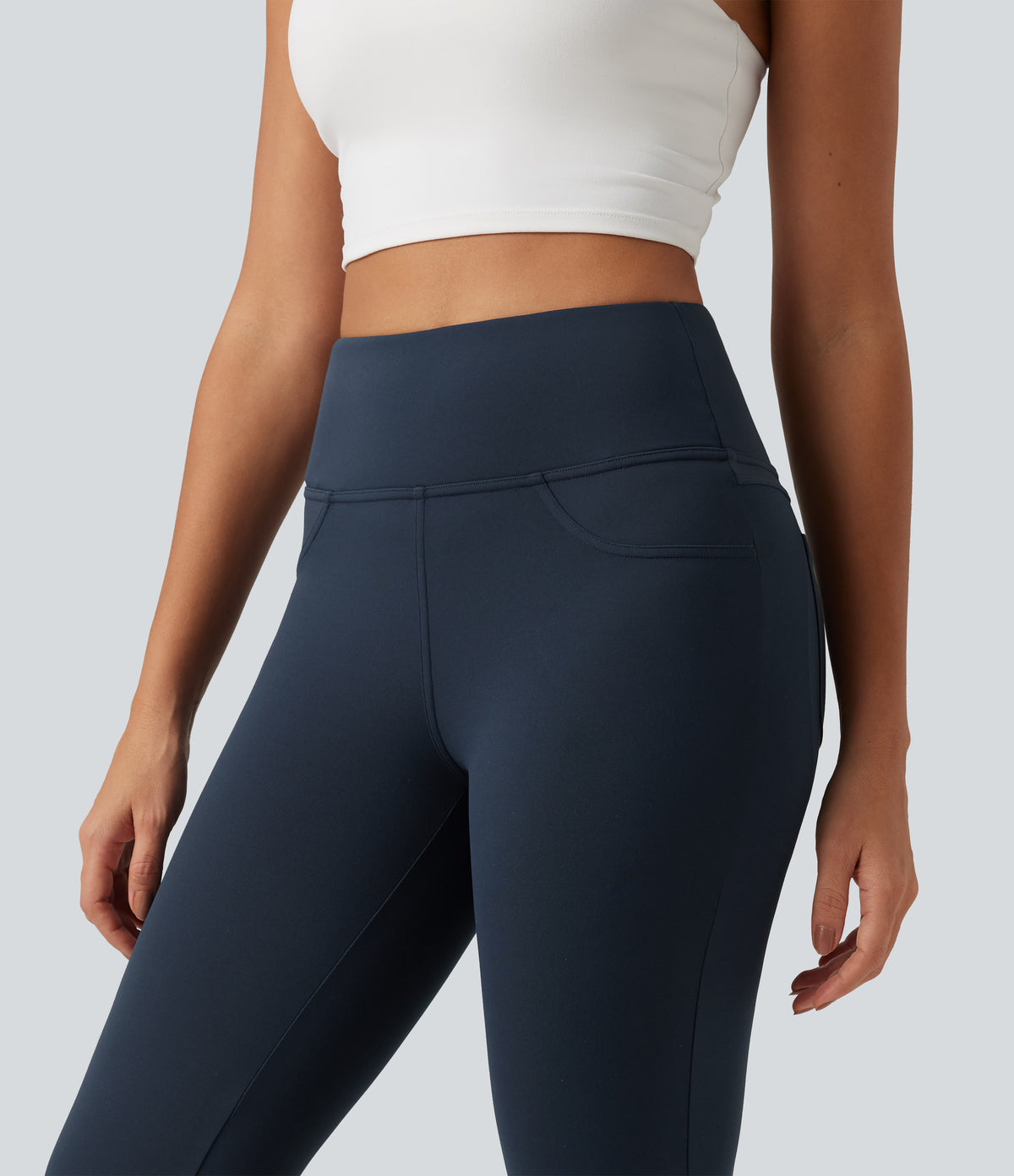 High Waisted Butt Lifting Flare Yoga Leggings with Pockets — Midnight Blue — view 4