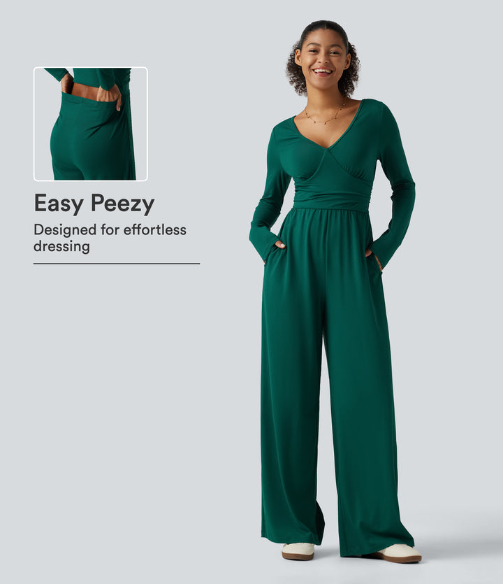V Neck Long Sleeve Ruched Wide Leg Casual Jumpsuit with Pockets-Edition — Rain Forest — view 1