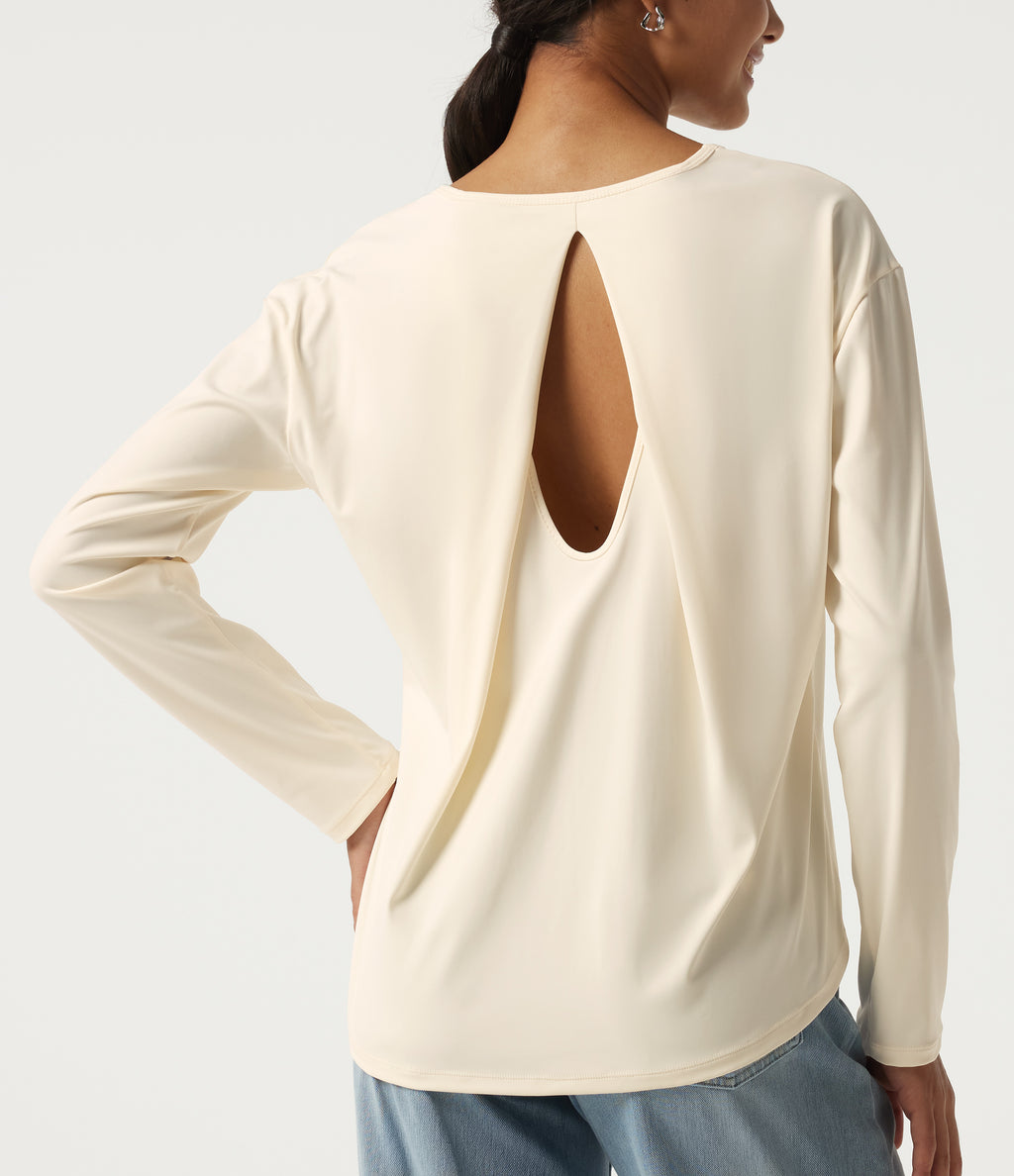 Round Neck Long Sleeve Cut-Out Back Casual Sports Top — Halo Linen — view 4