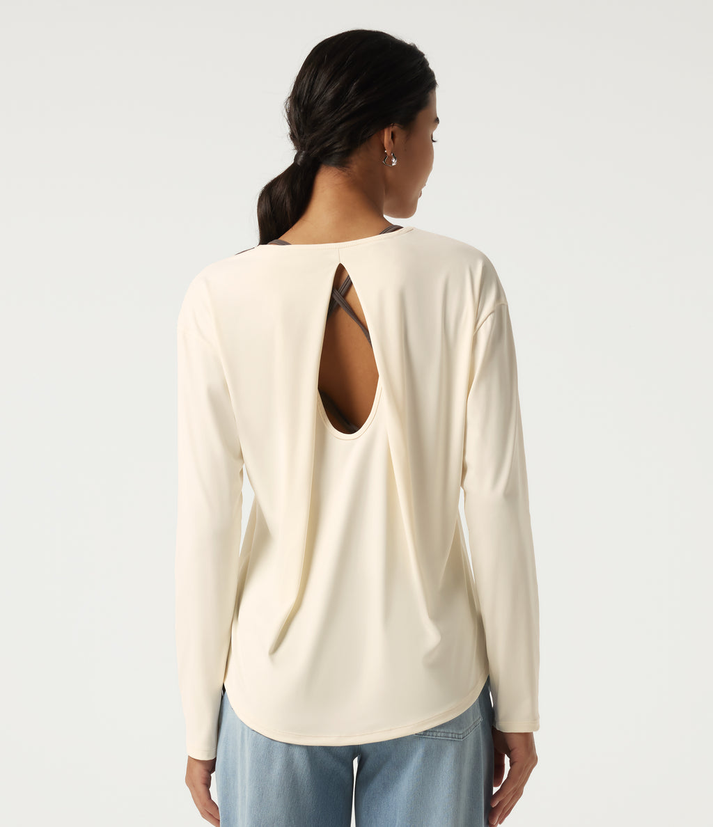 Round Neck Long Sleeve Cut-Out Back Casual Sports Top — Halo Linen — view 5