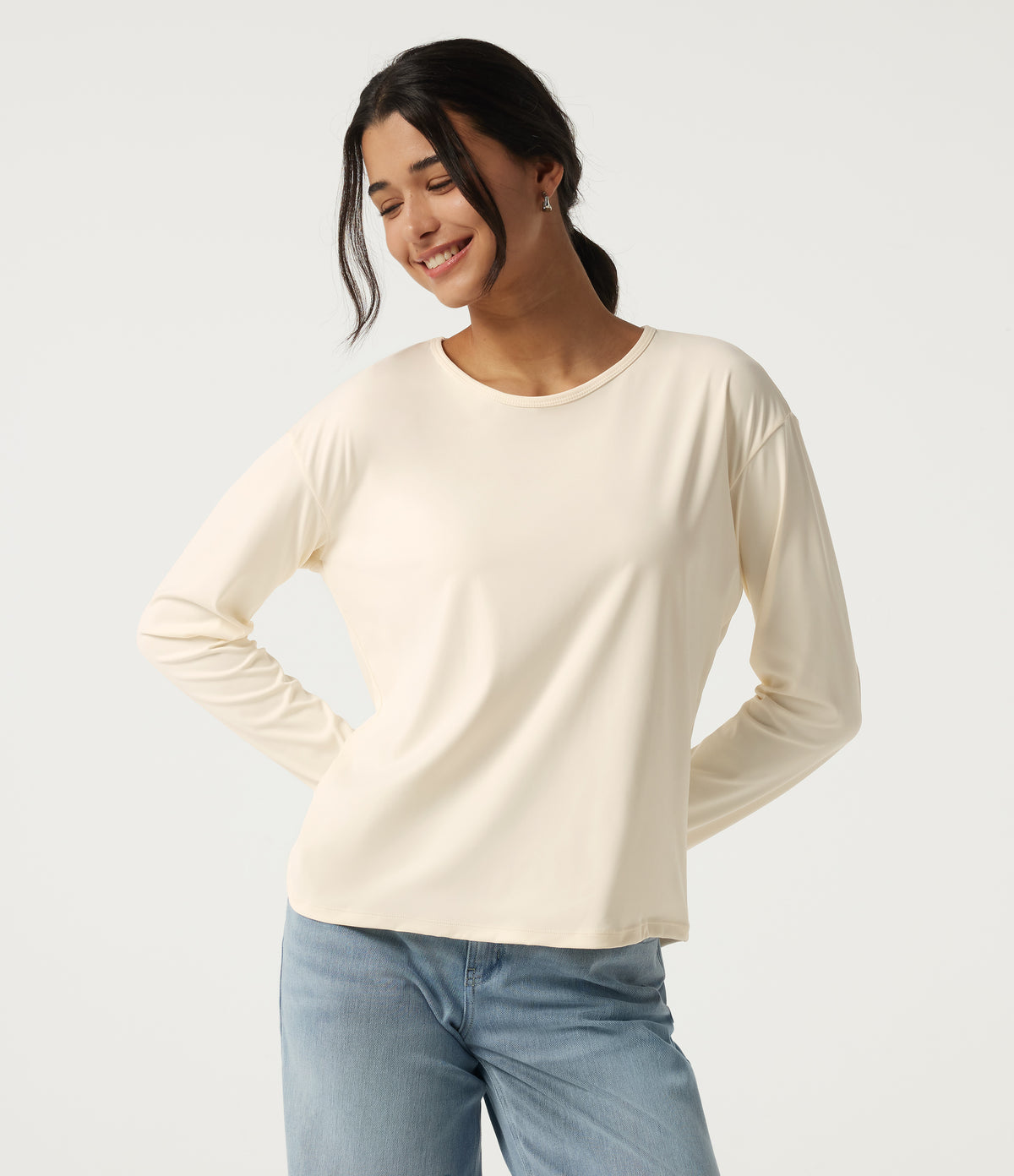 Round Neck Long Sleeve Cut-Out Back Casual Sports Top — Halo Linen — view 2