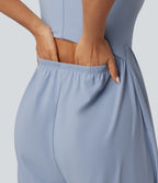 Airy U Neck Crisscross Back InstantCool Dance Jumpsuit with Built-in Bra and Pockets-Edition — Light Grey Blue — view 6