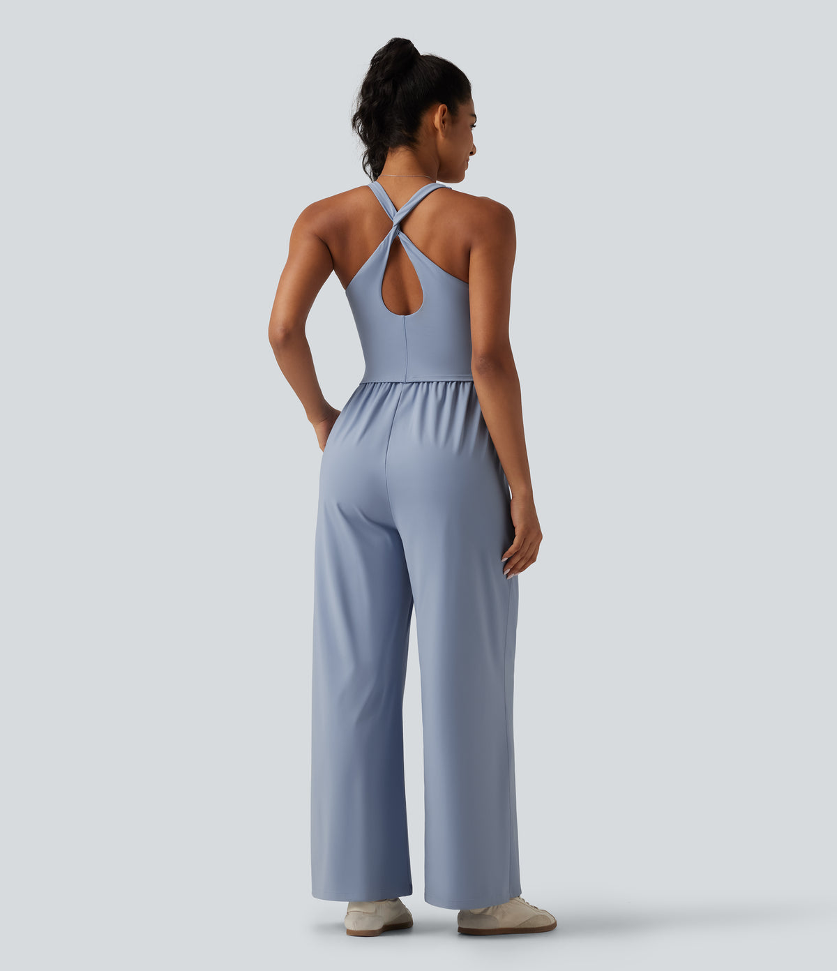 Airy U Neck Crisscross Back InstantCool Dance Jumpsuit with Built-in Bra and Pockets-Edition — Light Grey Blue — view 2